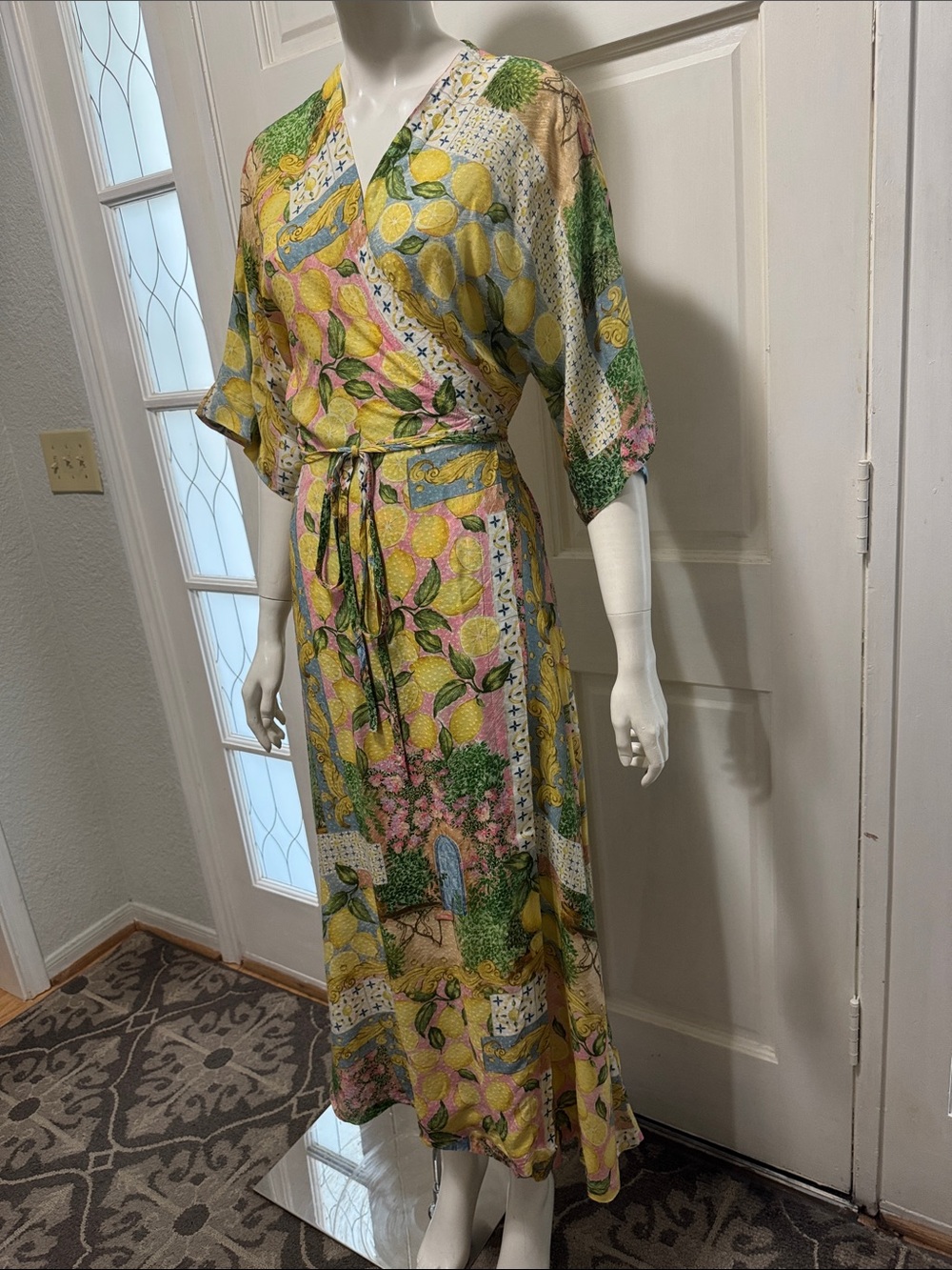 Aldo Martins Abstract Print Knit Tie Waist Midi Cardigan Dress Floral Lemons O/S - Picture 10 of 16